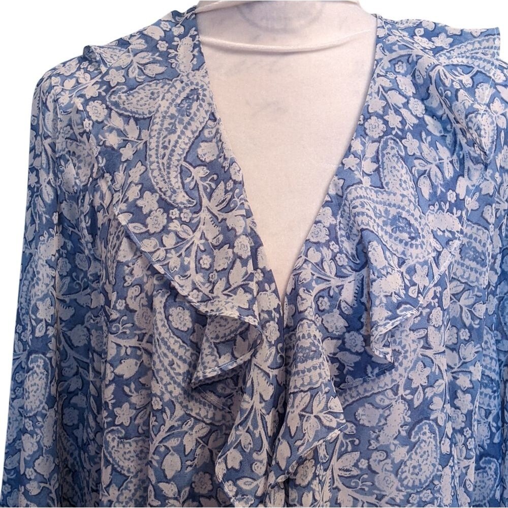 Dressy Blouse Blue White Paisley Open Front Ruffle Feminine18/20W